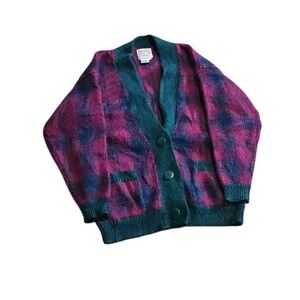 Vintage 80s Mohair Wool Plaid Cardigan
